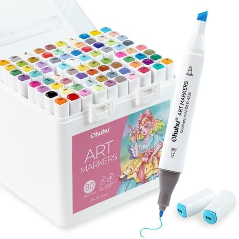 Ohuhu Alcohol Markers 80 Colors for Beginners Chisel& Fine for Coloring | Dual Tips Alcohol-based Art Marker Set with Blender for Adults Artists Drawing Illustration Sketching, Great Value Pack