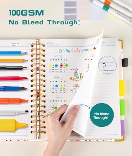 Hardcover Spiral Notebook 8.5"x11" Journal with Removable Dividers Tabs, 300 Pages 5 Subject Notebook College Ruled, Large A4 Notebooks for Work School, Journal for Women, A4 Flower white