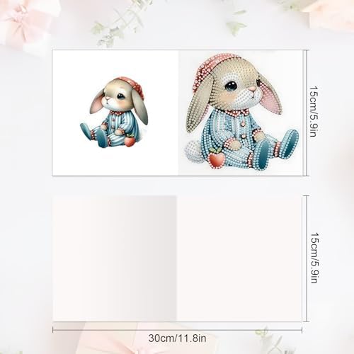 6pcs Diamond Art Painting Kit Greeting Card with Dress Bunny 5D DIY Diamond Handmade Holiday Greeting Card with Envelope, Holiday Gift Congratulation