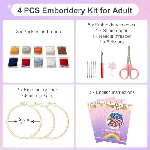 Huacan Embroidery Kit for Adults Beginners with 3 Hoops & Gift Box