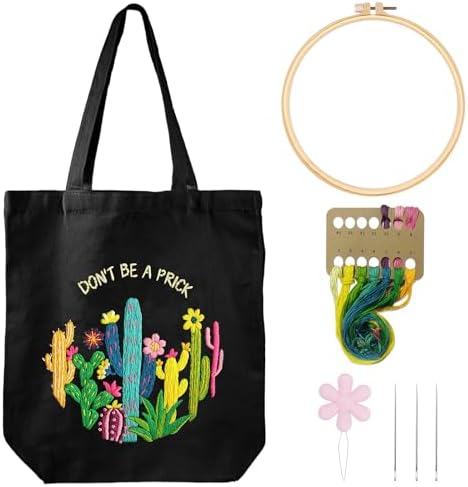 Louise Maelys 2 in 1 Embroidery Kit Canvas Tote Bag with Cactus Design