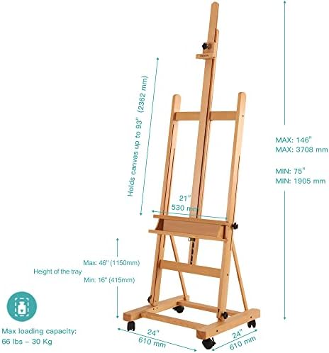 VISWIN Extended Large H-Frame Easel for Painting, Adjustable Beech Wood Artist Easel Stand with 4 Wheels & Storage Tray, Foldable Art Easel Floor for Adults, Hold Canvas up to 93" - N