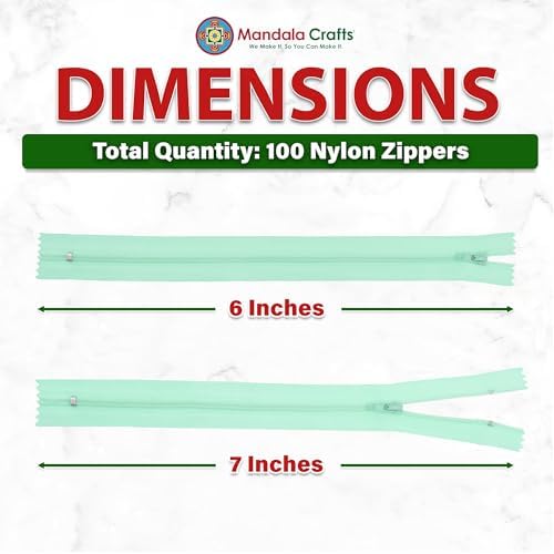 Mandala Crafts 100 PCs Mint Closed-End 6 Inches Nylon Zippers for Sewing