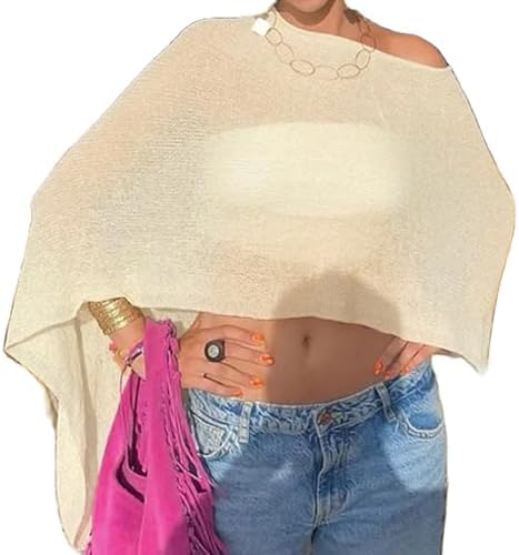 Nicoxijia Women Y2K Sheer Knit Poncho Top Lightweight Summer Beach Knit Shrug Shawl Bolero Off Shoulder Mesh Sweater Cover Up