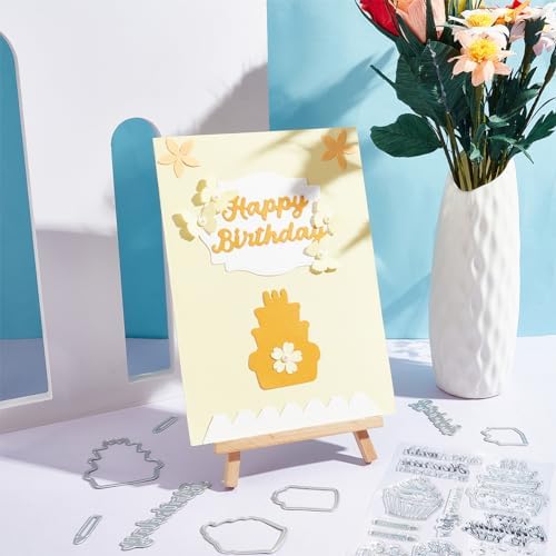 INFUNLY Happy Birthday Stamp and Die for Card Making Congratulation Die Cut Cake Silicone Stamp Metal Die Cuts Candles Banner Transparent Rubber Stamps for DIY Scrapbooking Paper Photo Album Decor