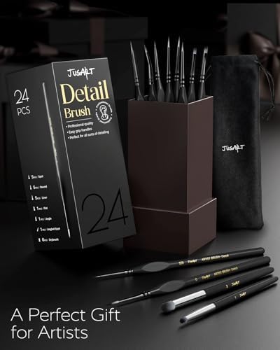 JusArt 24-Piece Detail Paint Brush Set, Miniature Paint Brushes for Models, Acrylic Oil Watercolor, Professional Fine Detail Brushes for Adults & Miniature Painters