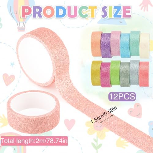 TIESOME 12 Rolls Glitter Washi Tape Set,15mm Macaron Cute Colored Tape