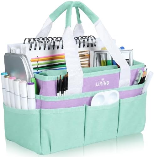 JJRING Craft Organizer Tote Bag Art Storage Caddy Green and Purple | With Multiple Pockets For Sewing, Scrapbooking, School, Medical, And Office Supplies