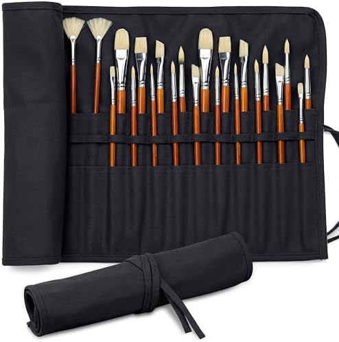 30-Slot Roll-Up Canvas Brush Holder with Lay-Flat Design, Black Brush Case