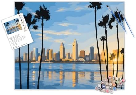 San Diego Cityscape Paint by Number Kits, California Seaside View Hand-painted Art, Sunset Downtown Canvas Acrylic Painting Set, Modern Urban Paint by Numbers for Home Decor(16×20inch, Unframe)
