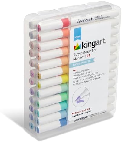 KINGART 24-Piece Pastel Acrylic Paint Brush Tip Marker Set – Flexible Fiber Brush Tips – Smooth Opaque Water-Based Ink for Illustration, Calligraphy, and DIY Crafts – 24 Unique Pastel Colors