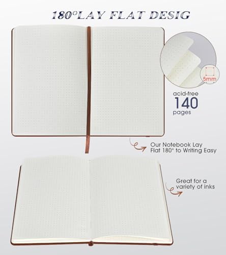 Biuwory Dotted Journal Notebook, 140 Dot Grid Pages, Medium 5.7"×8.3" | A5 Hardcover Vintage Leather Journal for Women Men, Dot Grid Paper Notebook for Work School Travel, Bullet Journaling Writing