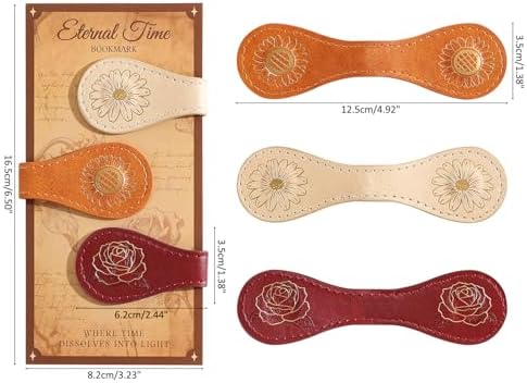 3PCS Vintage Magnetic Leather Bookmark, Leather Magnetic Bookmarks for Women, Magnetic PU Bookmarks Clip Book Accessories, Gilded Flower