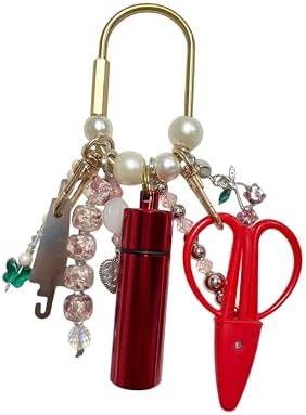 MEYAGO Needlepoint Bag Charm Tool Kit with Mini Embroidery Scissors, Needle Threader, Needle Holder Tube & Gold Keyring, Portable Embroidery Accessories for Cross Stitch Sewing DIY Crafts (Red)