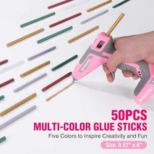 WORKPRO Cordless Hot Glue Gun, 7.2V Dual-Temp Kit, Pink