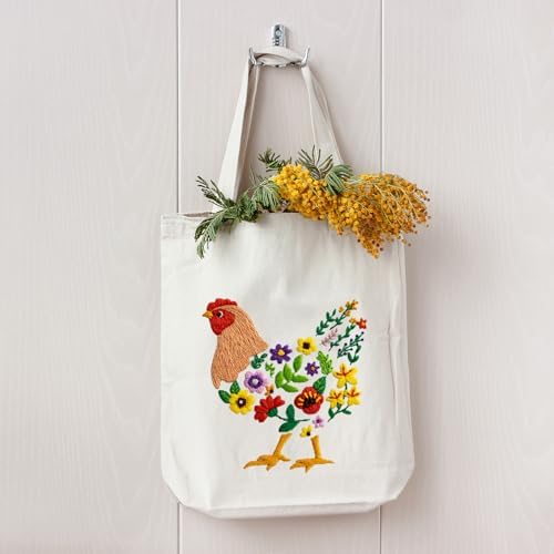 Louise Maelys Embroidery Kit, Canvas Tote Bag with Floral Hen Art Pattern