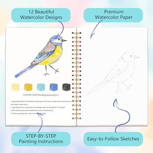 Easy Watercolor Workbook for Beginners - 12 Beautiful Step-by-Step Paintings Water Coloring Book, Includes 16 Colors Paints, Relaxing Art Projects and Creative Gift for Adults & Teen (Birds)