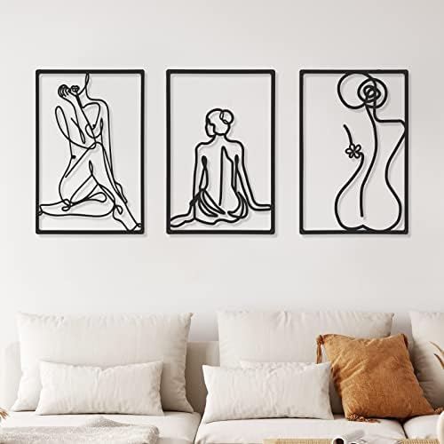 CHENGU 3 Pieces Metal Minimalist Abstract Woman Wall Art Line Drawing Wall Art Decor Single Line Female Home Hanging for Kitchen Bathroom Living Room