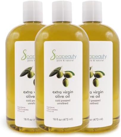 Soapeauty Extra Virgin Olive Oil, 100% Pure Cold Pressed Unrefined Carrier Oil for Skin, Hair, Massage & DIY Soap Making, 48 fl oz (3 x 16 fl oz)