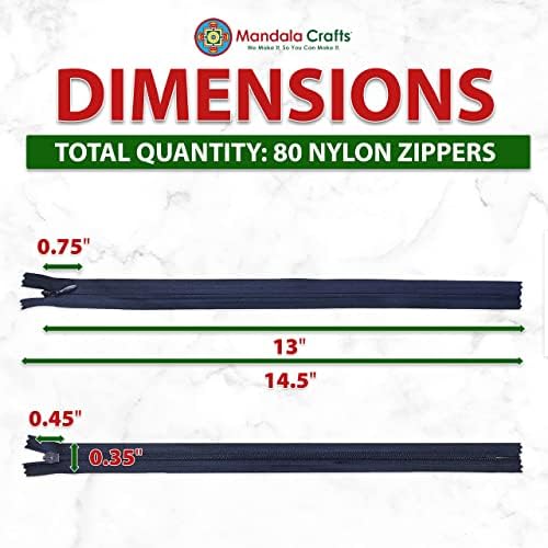 Mandala Crafts 80 PCs Navy Blue Closed-End 13 Inch Nylon Zippers for Sewing