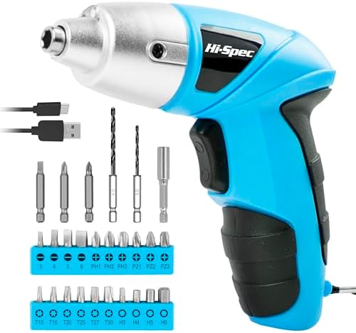 Hi-Spec 3.6V USB Electric Screwdriver for Home Repairs and Assembly, Blue | 27pc, fast assembly help, common screw bit selection, LED visibility, compact grip, quick household fixes, organized storage
