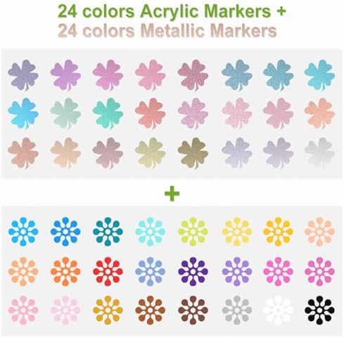 24 Metallic & 24 Acrylic Paint Markers Pens - Brush & Fine Dual Tip 48 Pack