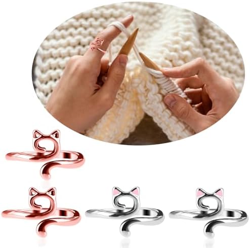 YUXIANLB Knitting Crochet Loop Ring for Fingers Metal Open Yarn Guide Crochet Rings Adjustable Braided Faster Knitting Thimbles Holders Accessories (2Rose Gold, 2Silver with Pink)