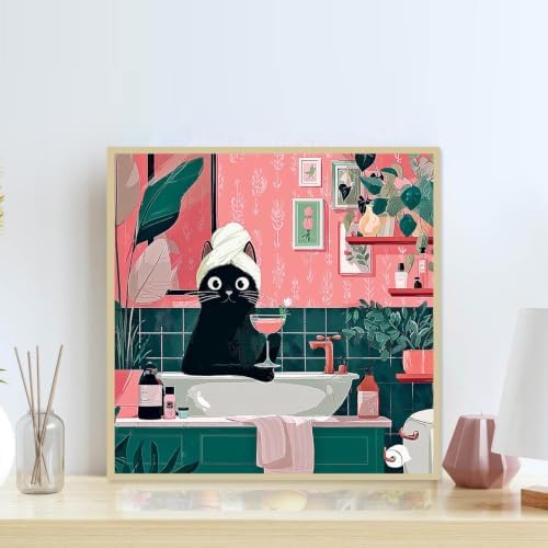 Accompany Wind Black Cat Diamond Art Kits for Adults, 5D Cute Animals Diamond Painting Kits for Beginners,DIY Round Full Drill Diamonds Gem Art Crafts for Home Wall Decor Gifts 14x14 Inch
