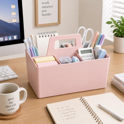 Multipurpose Caddy Organizer with Handle Plastic Desk Storage, Pink