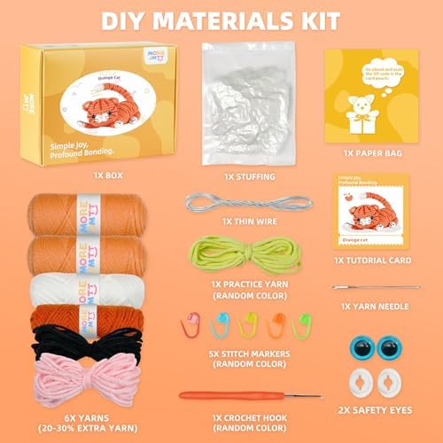 MOREJMTT Crochet kit for Beginners Adults, Learn to Crochet, Include Easy Knitting Soft Yarn, Step-by-Step Video Tutorial, Hook, Holiday Birthday Gift (Orange cat)