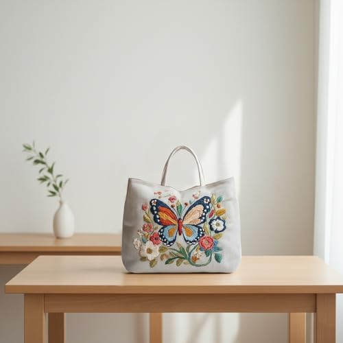 ARTopet Embroidery Tote Bag Kit for Beginners Butterfly Canvas Cross Stitch Handbag with Hoops Needles Threads Reusable Grocery Bag for Women-Butterfly04