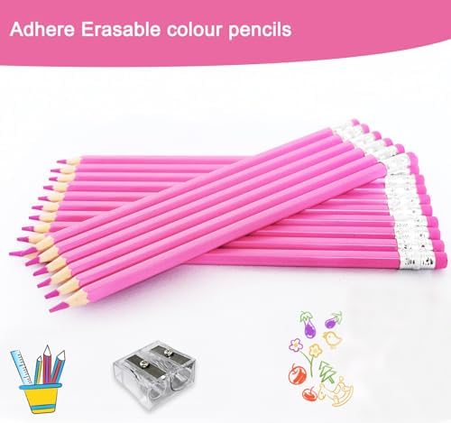 Adhere 25pcs Checking Pencils Erasable colored Pencils Pre-Sharpened #2 HB,for Checking Tests Grading,Map Coloring, editing Office Favors,including a Free sharpener. (Pink)