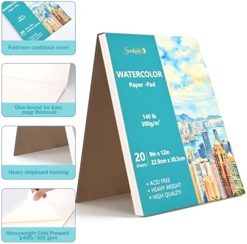 Suokata Watercolor Paper Book, 9"x12", 300 GSM Cold Press Texture Paper Pad