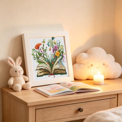 Book Flowers Stamped Cross Stitch Kits for Adults Beginners with Frame