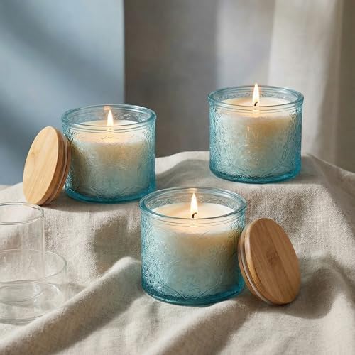 10 oz Blue Mandala Glass Candle Jars with Bamboo Lids, 9 Pack