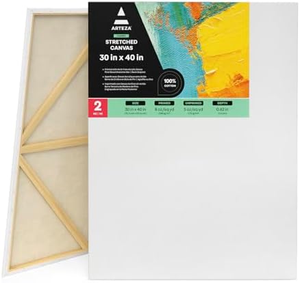 ARTEZA Stretched Canvas, 30 x 40 Inches, Pack of 2, Blank White Large Canvas for Painting for Acrylic, Oil and Gouache Paints | Cotton Surface, Pinewood Bars, Pre-Primed with 8 oz Acid-Free Acrylic Gesso, For Oil, Acrylic, Gouache and Tempera