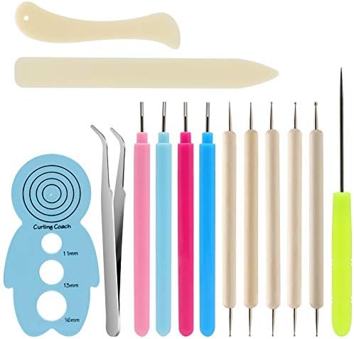 KITANIS 14Pcs Paper Quilling Tool and Supplies, Include 5Pcs Double Head Indentation Pens, 4Pcs Slotted Pens, 2Pcs Bone Folder Tools, Awl, Tweezer and Curling Coach for Card Making, Bookbinding