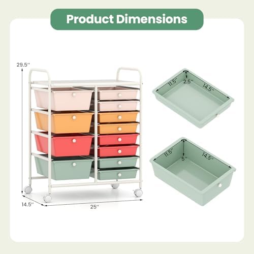 LDAILY 12 Drawer Rolling Storage Cart, Rolling Cart with Drawers for Classroom, Art Supply Craft Organizer on Wheel with Metal Frame & Handles for Home Office School (Macaron, 12 Drawer Left-Right)