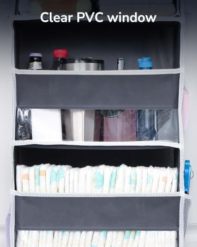 ULG 1 Pack Over Door Organizer with 5 Large and 10 Mesh Side Pockets, 44 lbs Weight Capacity Hanging Storage with Clear Window Kids Toys, Shoes, Diapers, Dark Grey, 5 Layers