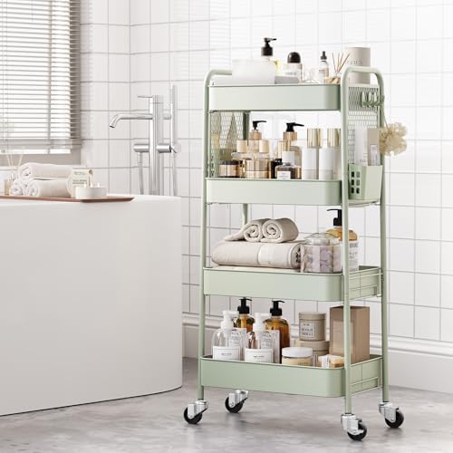 TOOLF 4 Tier Rolling Cart, Metal Utility Storage Cart with Pegboard, Green | 2 Bins & 4 Hooks, Screwless Assembly, Lockable Wheels, Trolley Organizer for Bathroom, Kitchen, Office, Dorm, Craft Room