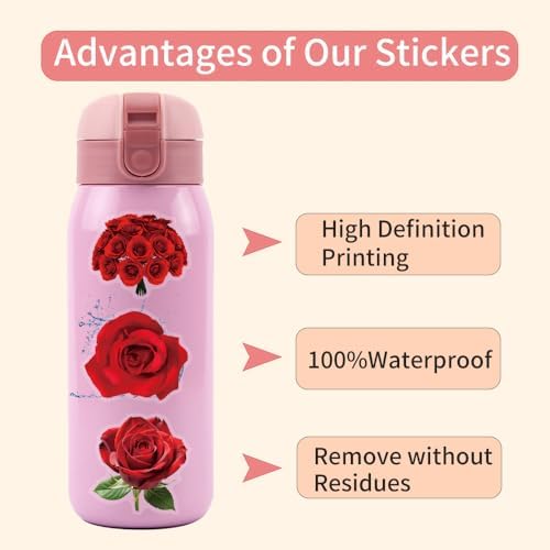 60 Pieces Red Rose Stickers Aesthetic PET Transparent Sticker, Self-Adhesive Scrapbooking Stickers Supplies Journal Stuffers for Adult Card Making Letters DIY (Rose)