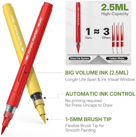 WUO 48 Colors Acrylic Paint Markers Brush Tip with Automatic Ink Control
