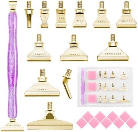 22PCS DIY Diamond Art Pen Painting Tool Set - Metal Threaded Tip Accessories Gem Resin Dotting Pen Supplies Kit (Purple Pen + 12 Tips + 9 Dotting Clay)