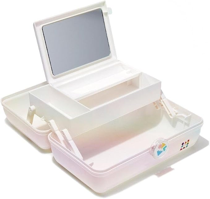 Caboodles On-The-Go Girl Makeup Box, White Opal, Hard Plastic Makeup Organizer Box, Built-In Mirror, Secure Latch for Safe Travel, Spacious Storage for Large Items