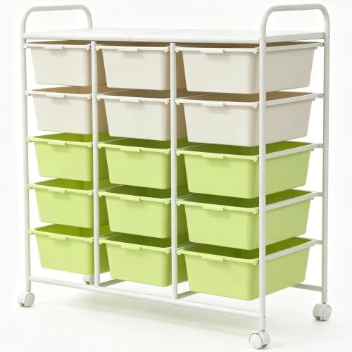 15-Drawer Rolling Storage Cart with Wheels, 2-Color Plastic Drawer Cart | Mobile Organizer Cart, Utility Storage Trolley for Office, Living Room, Craft Room, Bathroom, and Home Organization