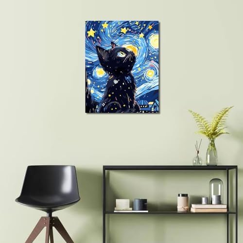 RYMILIE Cat Diamond Art Kits for Adults Diamond Painting Kit 12x16in | 5D Starry Night Diamond Art Painting Kit for Beginners, DIY Full Round Drill Cat Gem Art Crafts for Home Wall Decor Gift