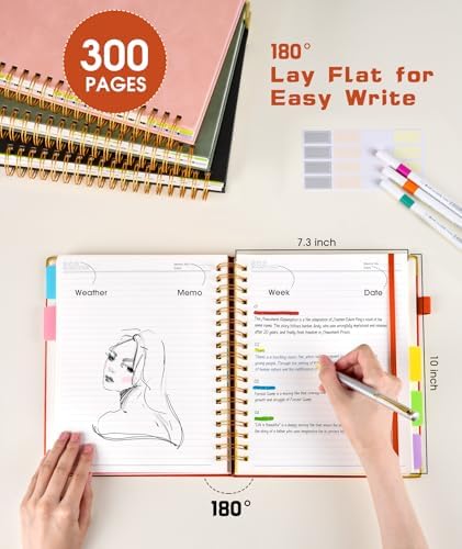 Hardcover Spiral Notebook Journal with Removable Dividers Tabs, 300 Pages Leather 5 Subject Notebook College Ruled, 8"x10" Large Notebooks for Work School Note taking, Lined Journal for Women, Orange