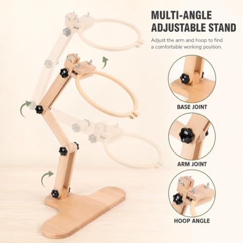 Adjustable Embroidery Table Stand,Wooden Embroidery Hoop Stand,Includes 3pcs Different Size Embroidery Hoops,1 Embroidery Tool Kit,Placed on the Desktop or Clamped onto the Desktop