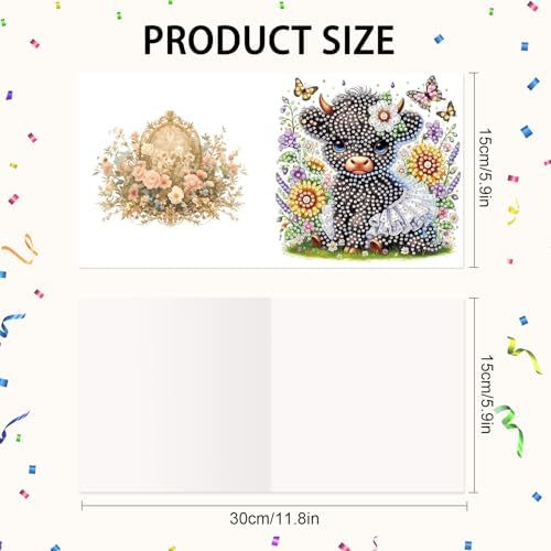 Tontut 6pcs Diamond Art Painting Kit Greeting Card, Sunflower Yellow Cow 5D DIY Diamond Handmade Holiday Greeting Card with Envelope, Holiday Gift Congratulation
