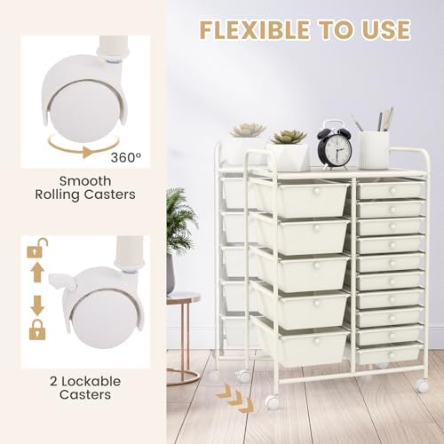 GOFLAME 15-Drawer Rolling Storage Cart, Craft Storage Cart with Removable Drawers & Lockable Wheels, Art Cart Supply Storage Organizer for Home Office Classroom, White